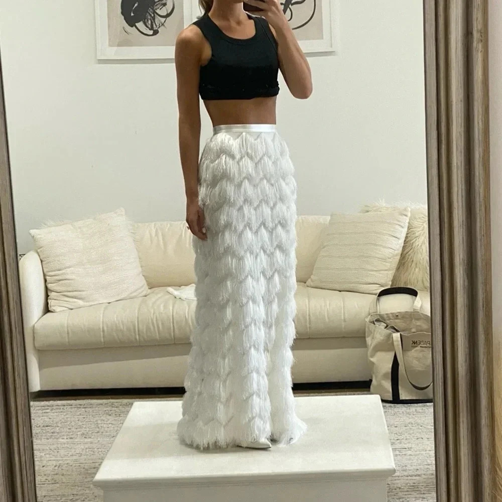 Halfpenny London Ivy Fringe Maxi Skirt White Ivory Satin Size 4/6 NWT